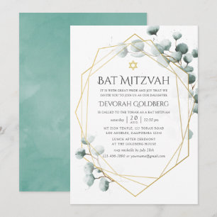 Invitación Bar Mitzvah geométrico de eucalipto acuarela