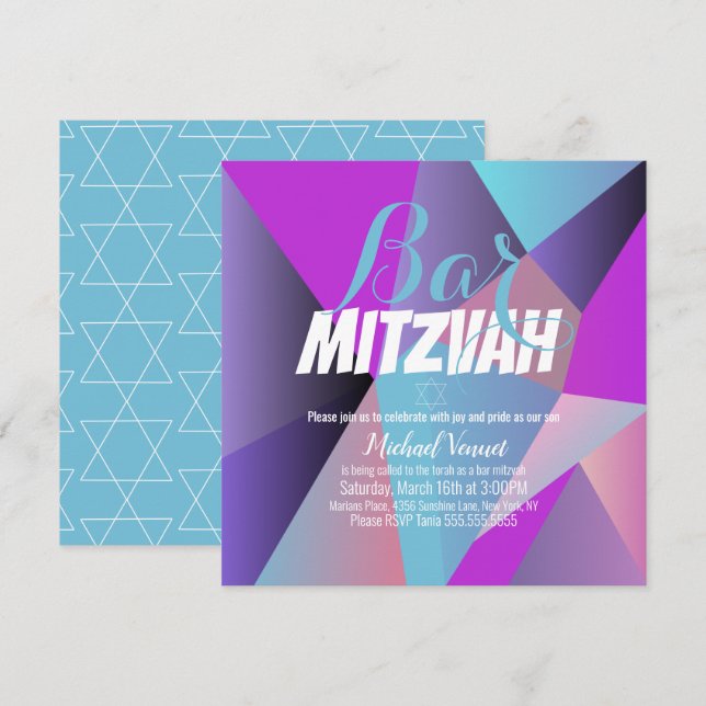 Invitación Bar Mitzvah Geométrico de Neón Azul y Blanco (Anverso / Reverso)