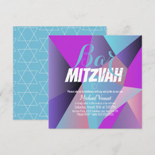 Invitación Bar Mitzvah Geométrico de Neón Azul y Blanco