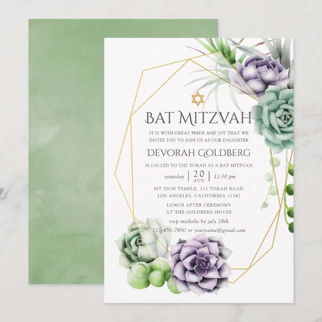 Invitación Bar Mitzvah Geométrico de Suculentas (Anverso / Reverso)