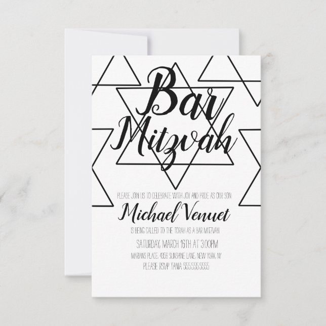 Invitación Bar Mitzvah geométrico en negro y blanco (Anverso)