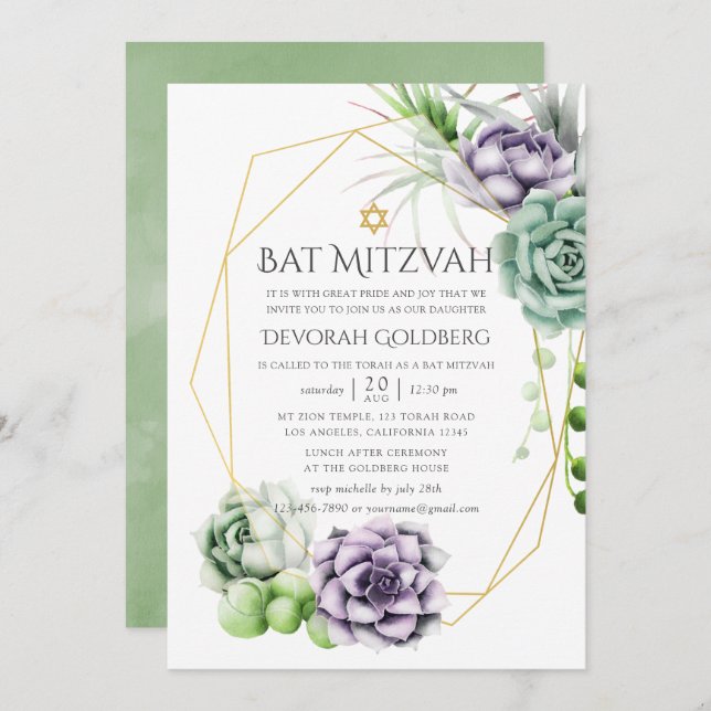 Invitación Bar Mitzvah Geométrico Suculento (Anverso / Reverso)