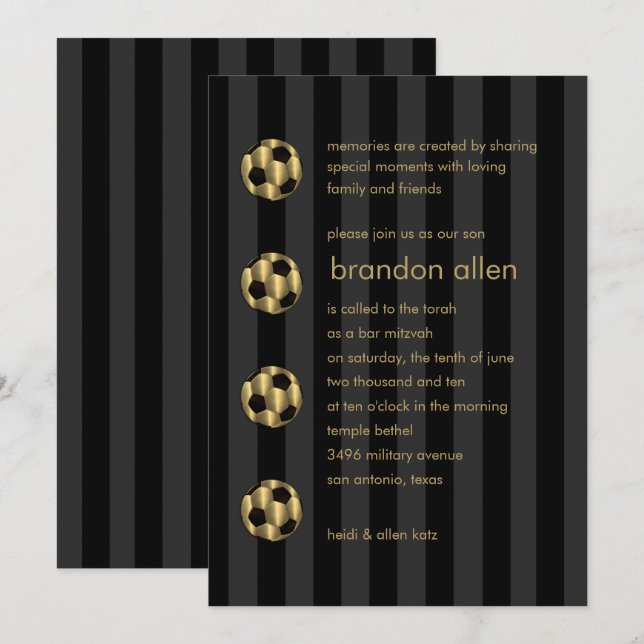 Invitación Bar Mitzvah Gold y Black Soccer Ball (Anverso / Reverso)