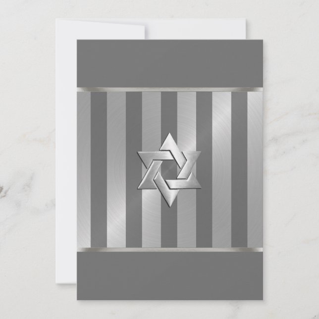 Invitación Bar Mitzvah Gray and Silver Stripe Star of David (Anverso)
