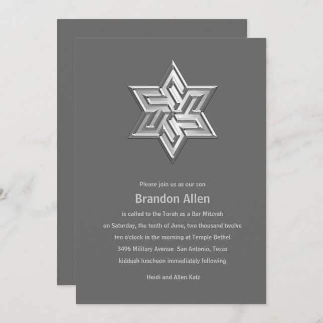 Invitación Bar Mitzvah Gray Tones Star of David (Anverso / Reverso)