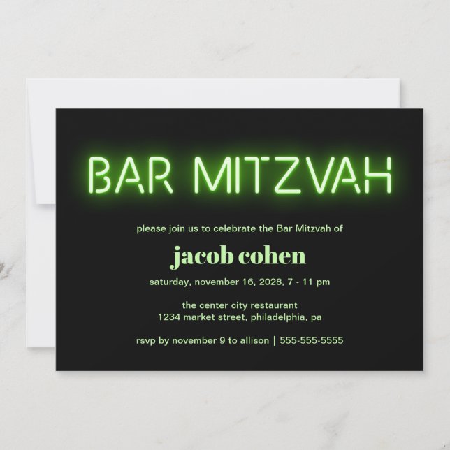Invitación Bar Mitzvah Green Neon Lights (Anverso)