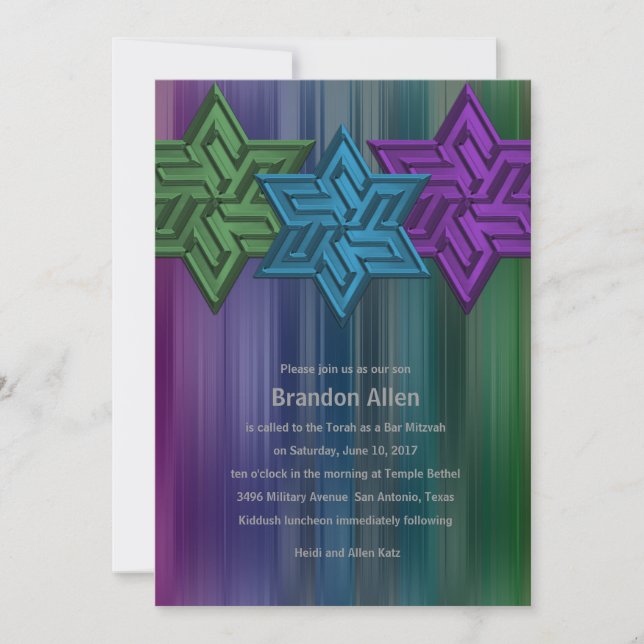 Invitación Bar Mitzvah Green Verde azulado y Estrella Morada  (Anverso)