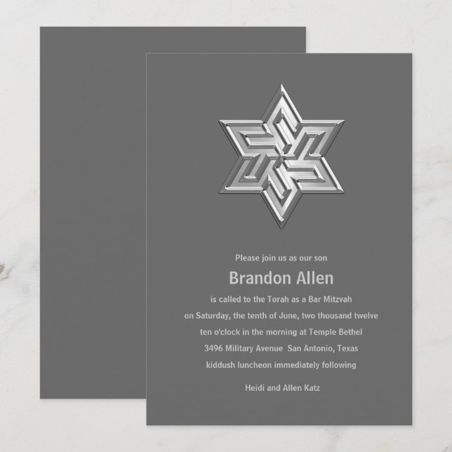 Invitación Bar Mitzvah Grises Tonos Estrella de David (Anverso / Reverso)