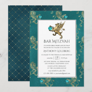 Invitación Bar Mitzvah heráldico de color verde azulado y dor