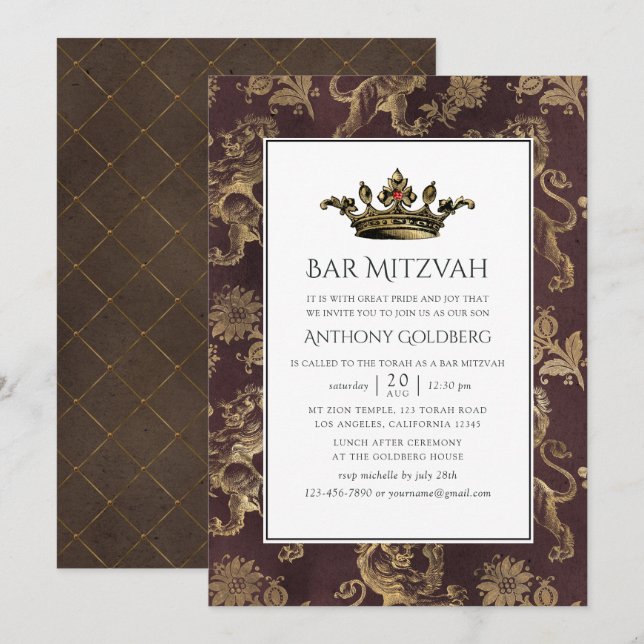 Invitación Bar Mitzvah heráldico vintage (Anverso / Reverso)