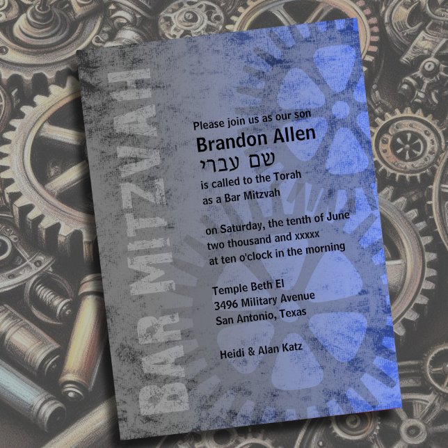 Invitación Bar Mitzvah Industrial Grunge Blue (Subido por el creador)