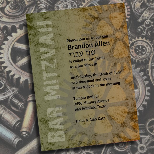 Invitación Bar Mitzvah Industrial Grunge Brown Green (Subido por el creador)