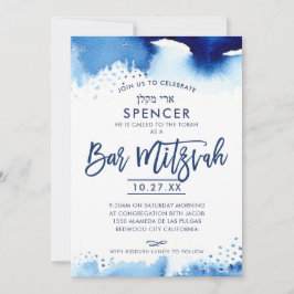 Invitación BAR MITZVAH INVITE acuarela azul con letras a mano