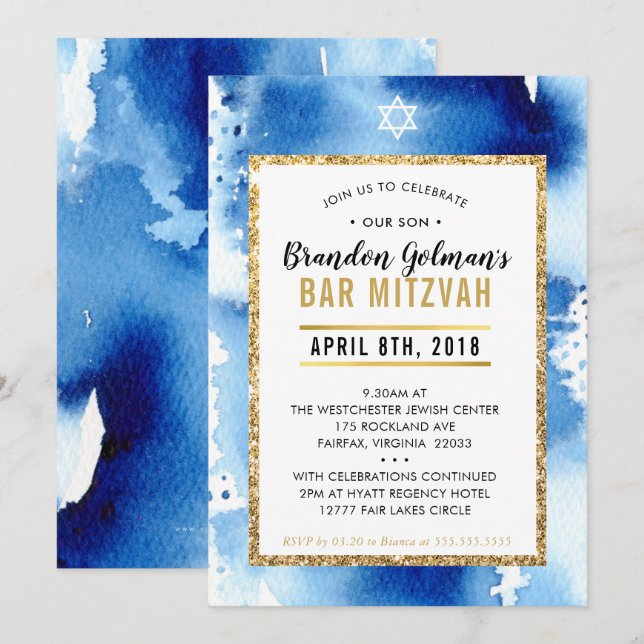 Invitación BAR MITZVAH INVITE acuarela moderna azul fresco (Anverso / Reverso)