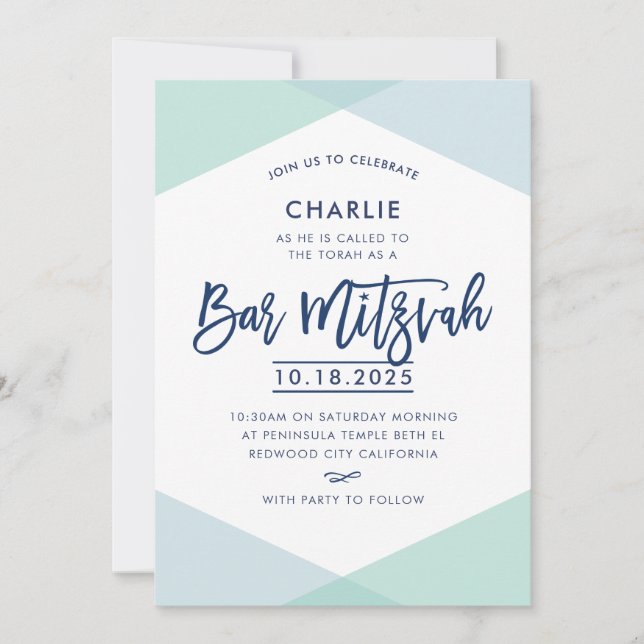 Invitación BAR MITZVAH INVITE menta azul marino con letras a  (Anverso)