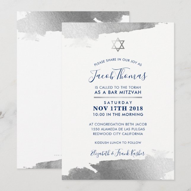 Invitación BAR MITZVAH INVITE moderna dorada azul marino (Anverso / Reverso)