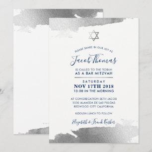 Invitación BAR MITZVAH INVITE moderna dorada azul marino