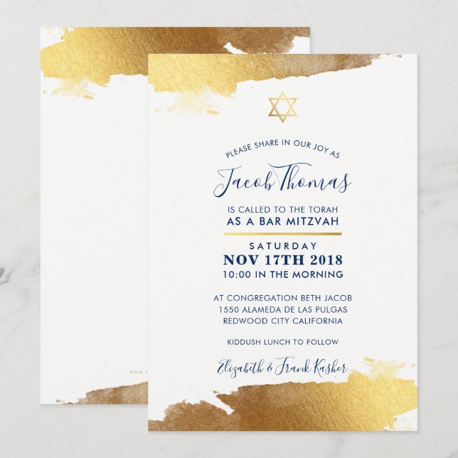 Invitación BAR MITZVAH INVITE oro dorado moderno azul marino (Anverso / Reverso)