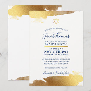 Invitación BAR MITZVAH INVITE oro dorado moderno azul marino