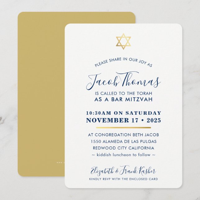 Invitación BAR MITZVAH INVITE simple oro moderno azul marino (Anverso / Reverso)