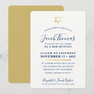 Invitación BAR MITZVAH INVITE simple oro moderno azul marino