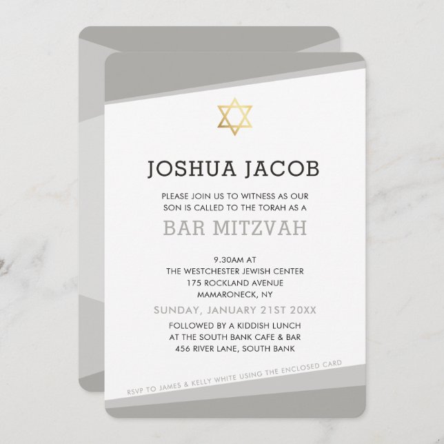 Invitación BAR MITZVAH INVITE simple y moderno gris fresco (Anverso / Reverso)