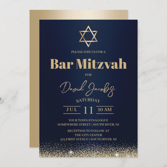 Invitación Bar Mitzvah judío Azul Marino Moderno y Dorado (Anverso / Reverso)