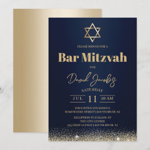 Invitación Bar Mitzvah judío moderno azul marino y dorado