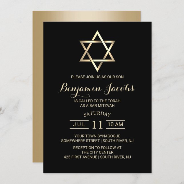 Invitación Bar Mitzvah Judío moderno negro y oro (Anverso / Reverso)