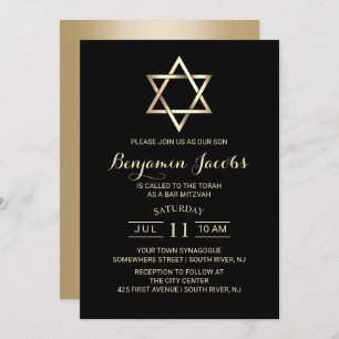 Invitación Bar Mitzvah Judío moderno negro y oro