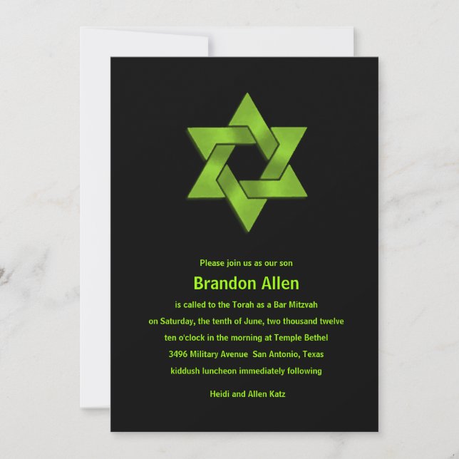 Invitación Bar Mitzvah Lime Green sobre el negro, estrella de (Anverso)
