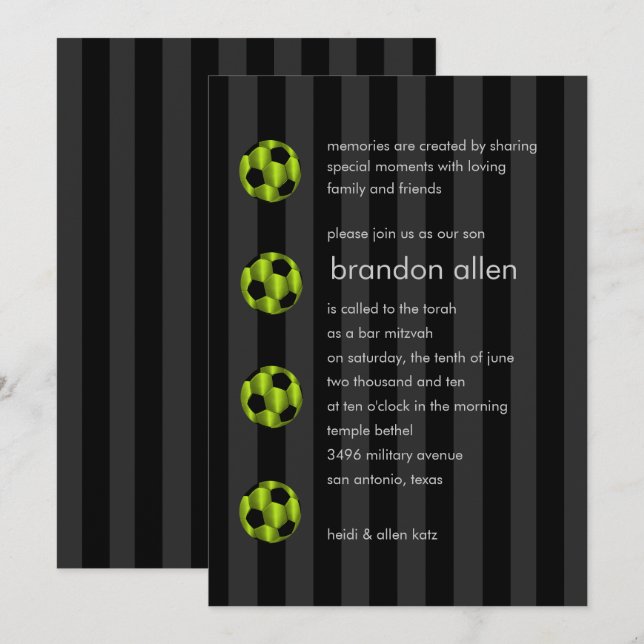 Invitación Bar Mitzvah Lime Green y Black Soccer Ball (Anverso / Reverso)