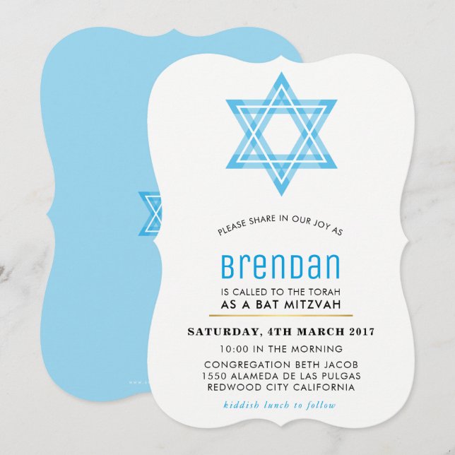 Invitación BAR MITZVAH lindo moderno entre estrellas de azul  (Anverso / Reverso)