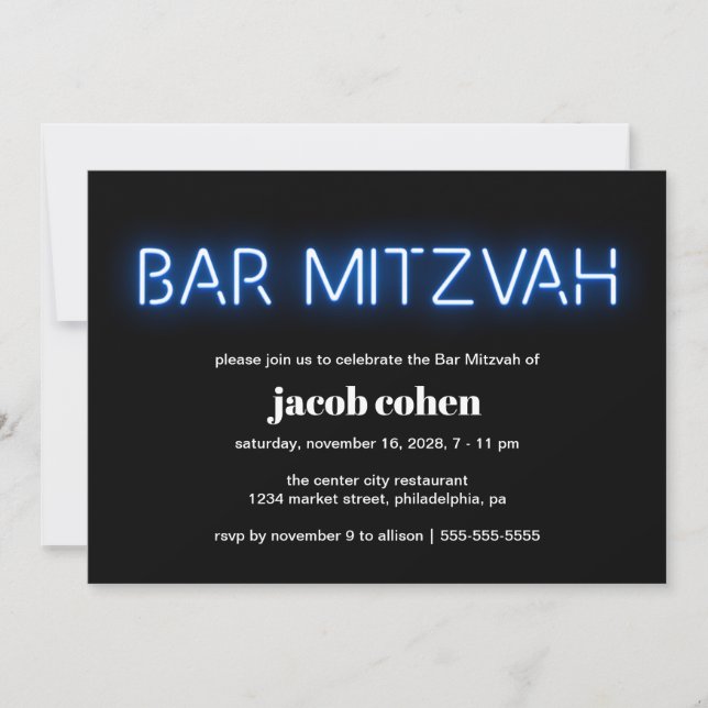 Invitación Bar Mitzvah Luces de Neón Azul (Anverso)