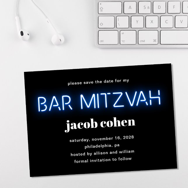 Invitación Bar Mitzvah Luces de Neón Azul Salvar La Fecha (Subido por el creador)