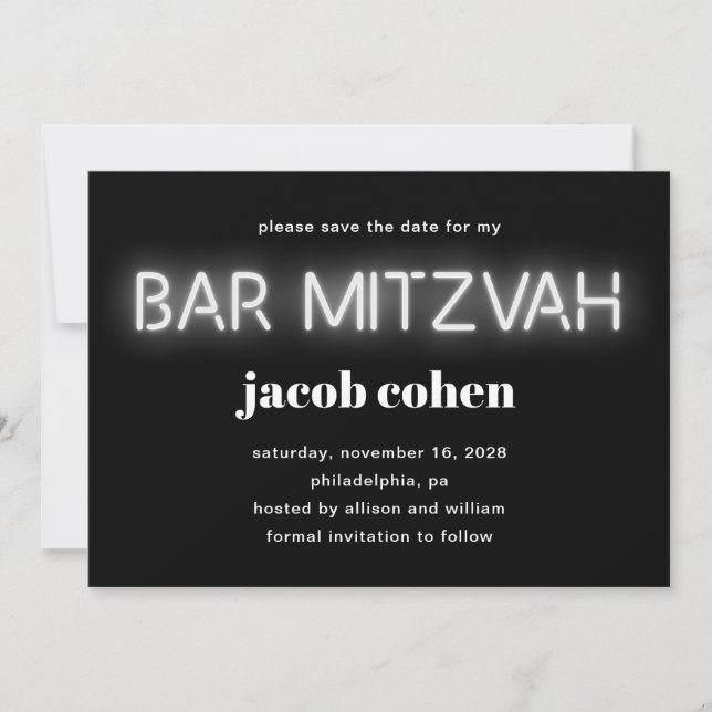 Invitación Bar Mitzvah Luces de Neón Blanco Salven La Fecha (Anverso)