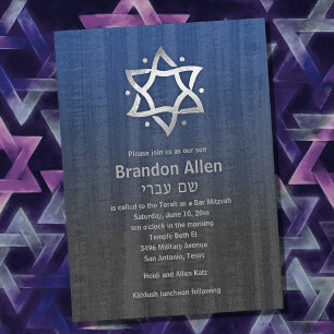 Invitación Bar Mitzvah Madera Azul Gris Estrella de Plata