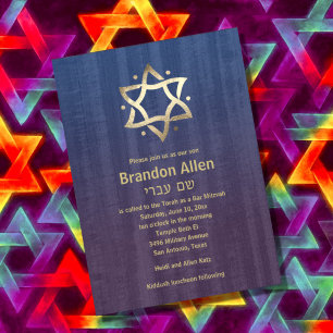 Invitación Bar Mitzvah Madera Manchada Ciruela Azul Estrella 