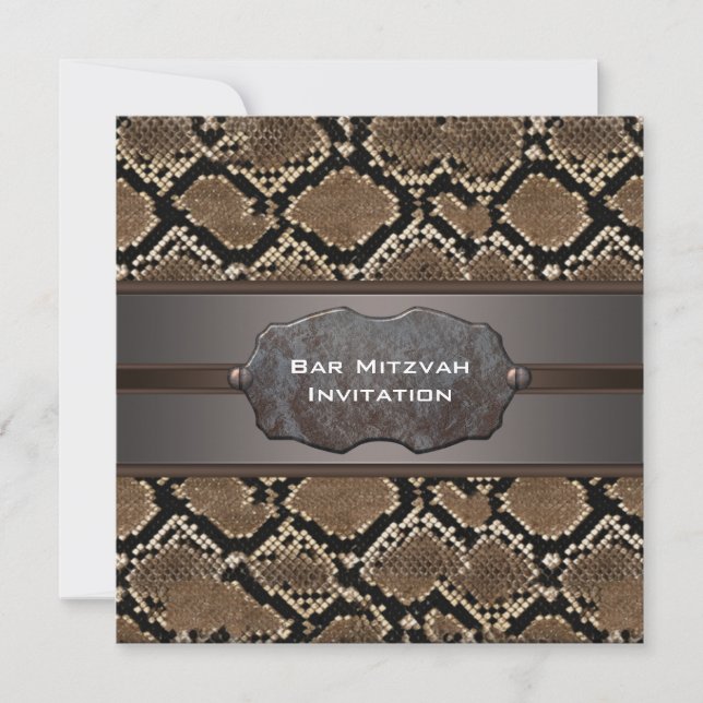 Invitación Bar Mitzvah marrón piel de serpiente y rústico neg (Anverso)
