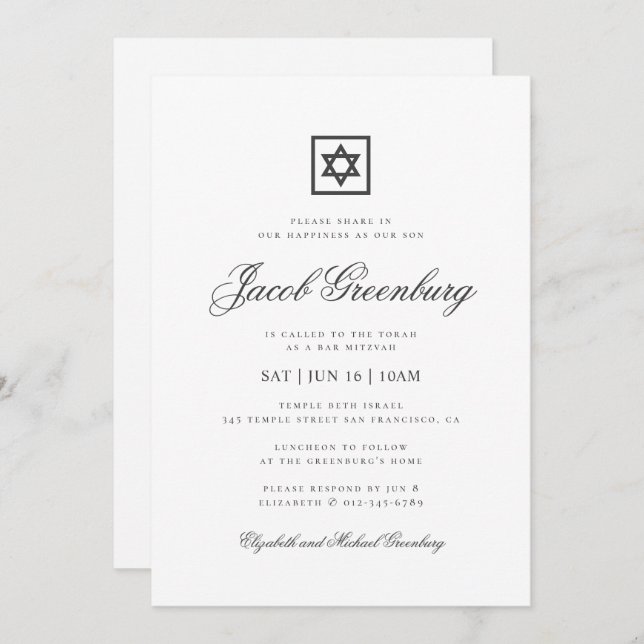 Invitación Bar Mitzvah Minimalista Simple Classic (Anverso / Reverso)