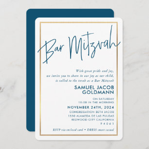 Invitación BAR MITZVAH minimo moderno dorado azul oscuro