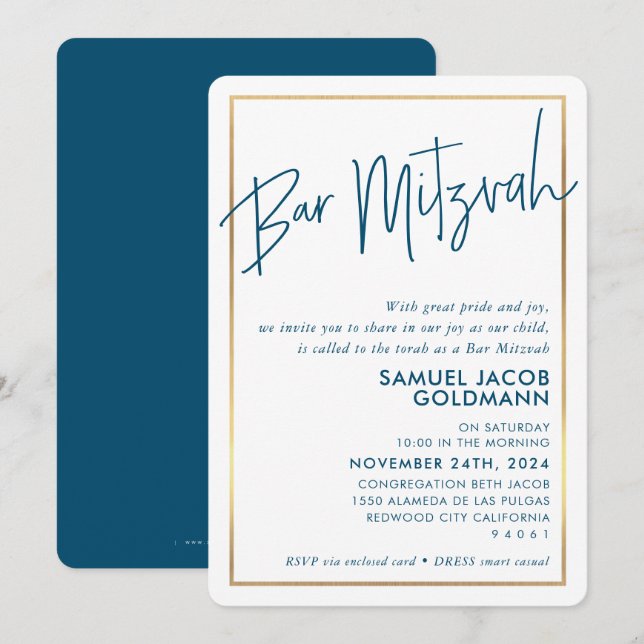Invitación BAR MITZVAH minimo moderno marco dorado azul oscur (Anverso / Reverso)