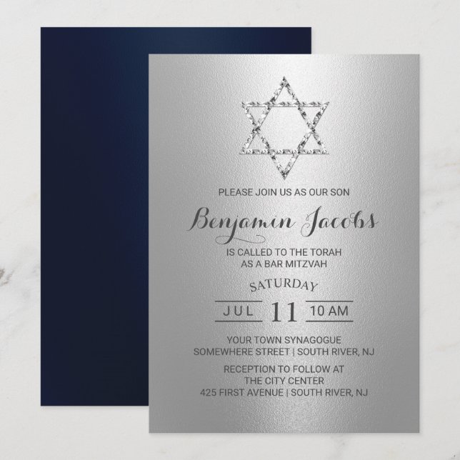 Invitación Bar Mitzvah Modern Silver & Blue Star of David (Anverso / Reverso)