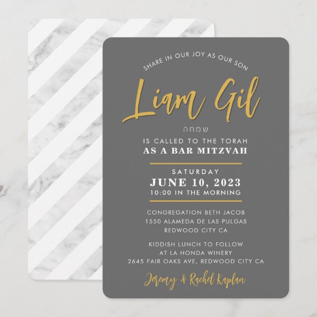 Invitación BAR MITZVAH moderna caliligrafía gris faux gold (Anverso / Reverso)