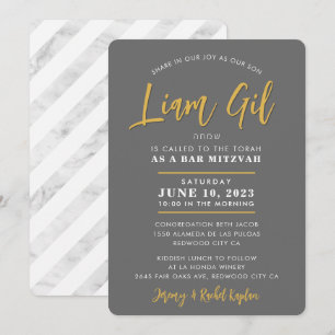 Invitación BAR MITZVAH moderna caliligrafía gris faux gold