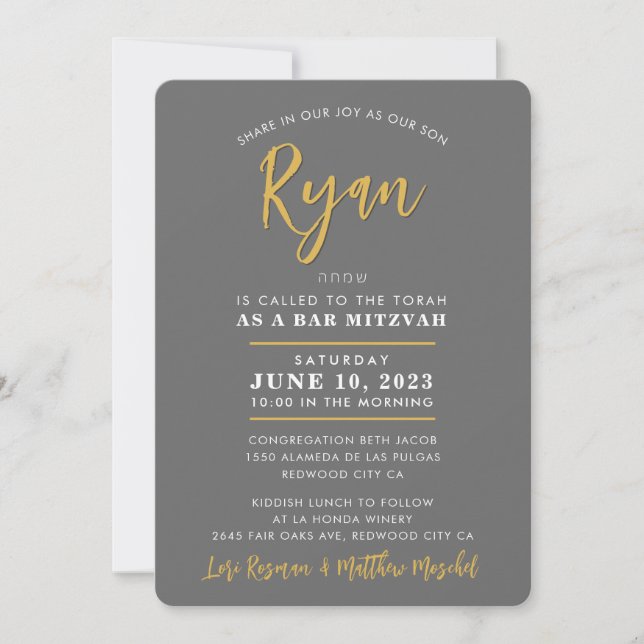 Invitación BAR MITZVAH moderna caliligrafía gris faux gold (Anverso)