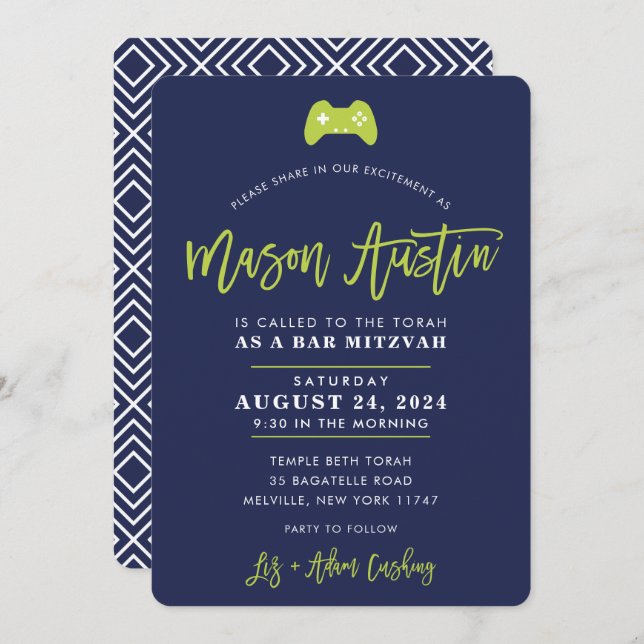 Invitación Bar Mitzvah moderna contoller gamer navy lime MASO (Anverso / Reverso)