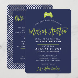 Invitación Bar Mitzvah moderna contoller gamer navy lime MASO