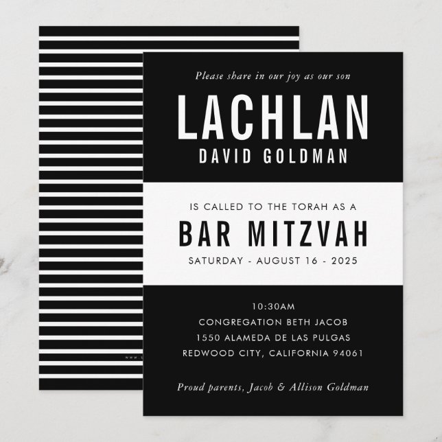Invitación BAR MITZVAH moderna de tipografía mínima blanco ne (Anverso / Reverso)