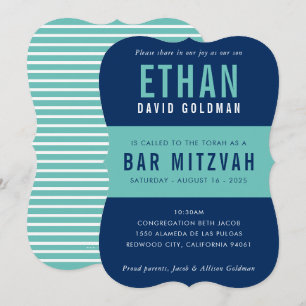 Invitación BAR MITZVAH moderna de tipografía mínima menta azu